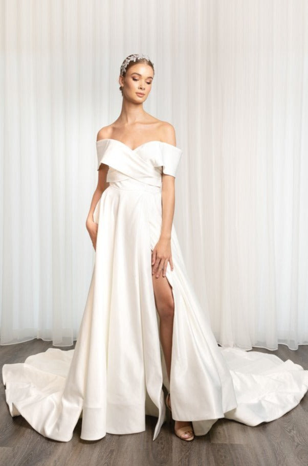 Satin Off-Shoulder A-Line Bridal Gown With Hidden High Slit Plus Size - LUCIA - WonderlandByLilian