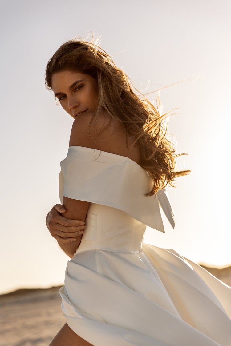 Satin Off-Shoulder A-Line Bridal Gown With Hidden High Slit Plus Size - LUCIA - WonderlandByLilian