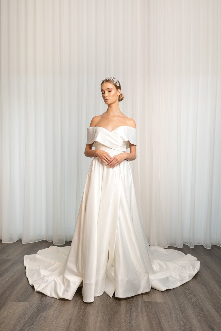 Satin Off-Shoulder A-Line Bridal Gown With Hidden High Slit Plus Size - LUCIA - WonderlandByLilian