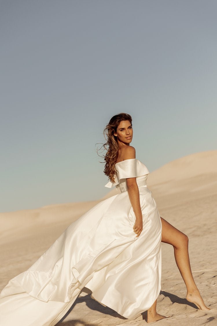 Satin Off-Shoulder A-Line Bridal Gown With Hidden High Slit Plus Size - LUCIA - WonderlandByLilian