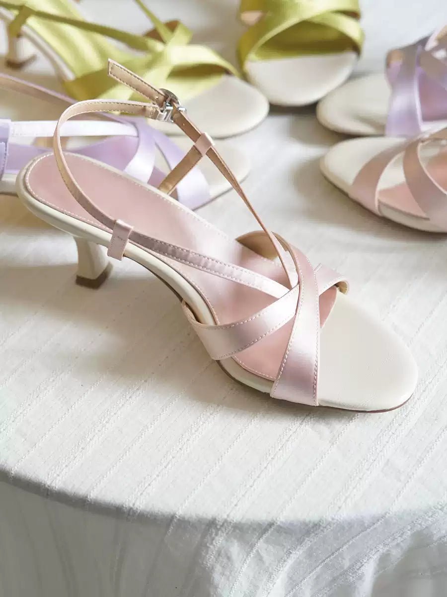 Satin Strappy Kitten Heels - Vintage Inspired Sandals - WonderlandByLilian