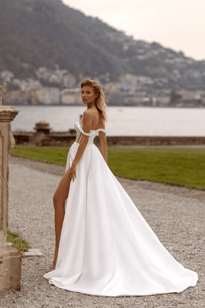 Satin Wedding Dress with High Slit - Modern Wedding Dress - Off the Shoulder Wedding Dress Plus Size - WonderlandByLilian
