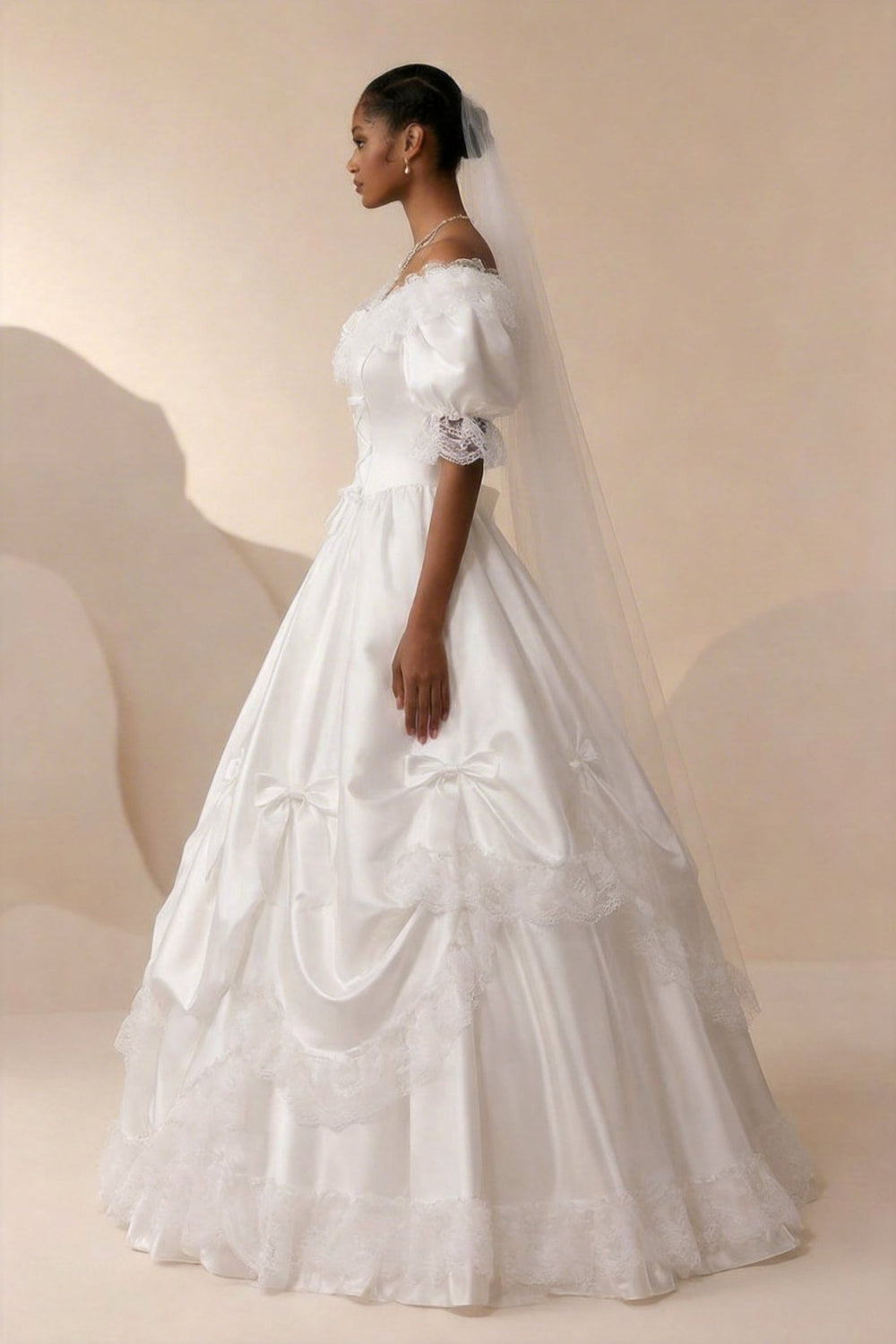 Satin Wedding Dress with Lace and Puff Sleeves – Vintage Wedding Gown with Corset and Large Back Bow Plus Size - WonderlandByLilian