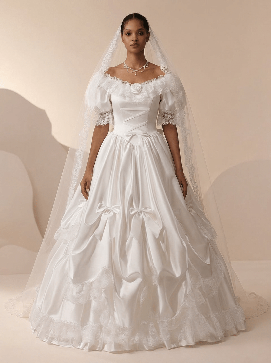 Satin Wedding Dress with Lace and Puff Sleeves – Vintage Wedding Gown with Corset and Large Back Bow Plus Size - WonderlandByLilian
