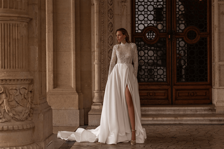 Satin Wedding Dress with Long Sleeves – Bodice Wedding Dress with Thigh Slit and Sequin Floral Details Plus Size - WonderlandByLilian