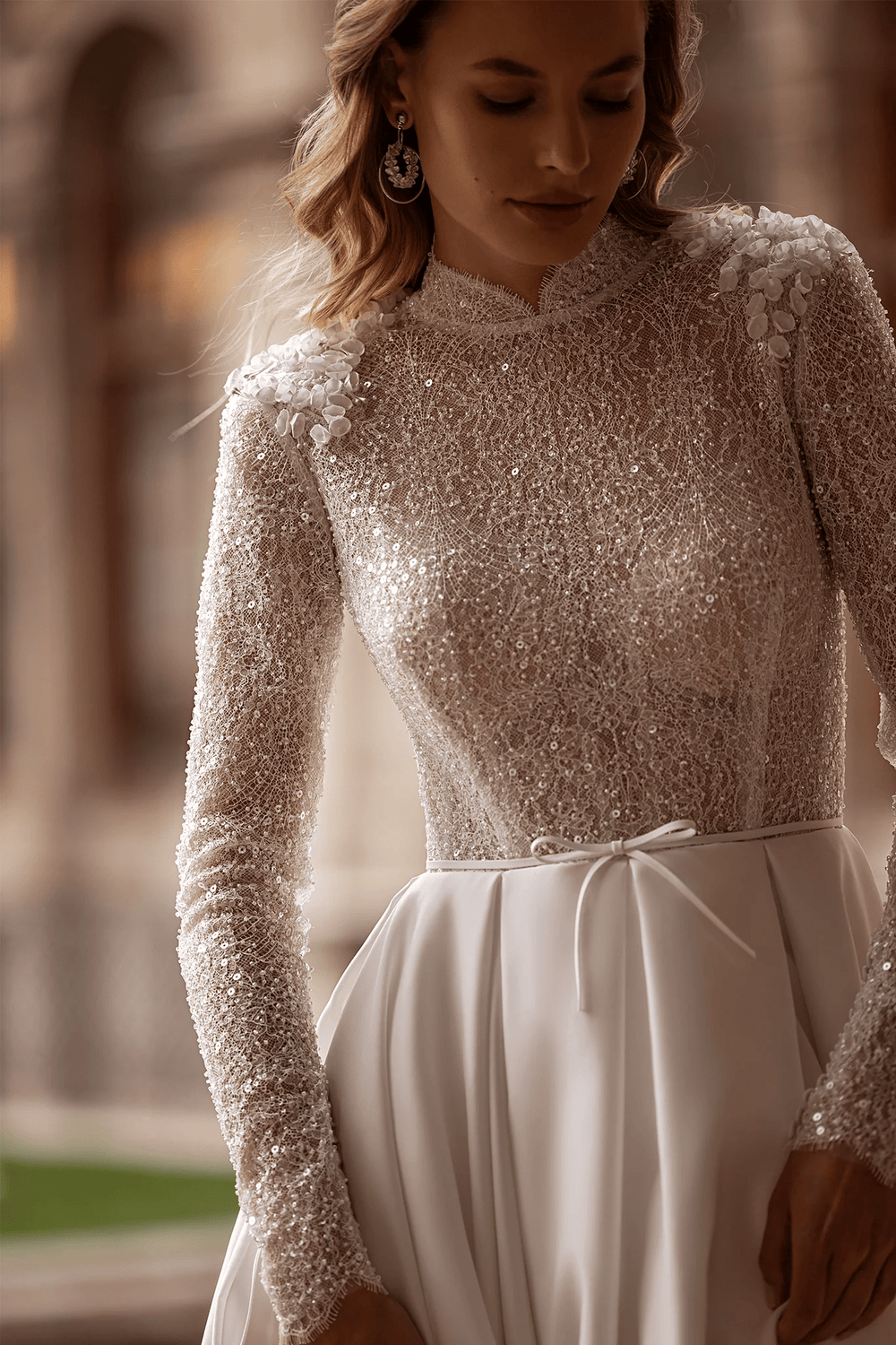 Satin Wedding Dress with Long Sleeves – Bodice Wedding Dress with Thigh Slit and Sequin Floral Details Plus Size - WonderlandByLilian