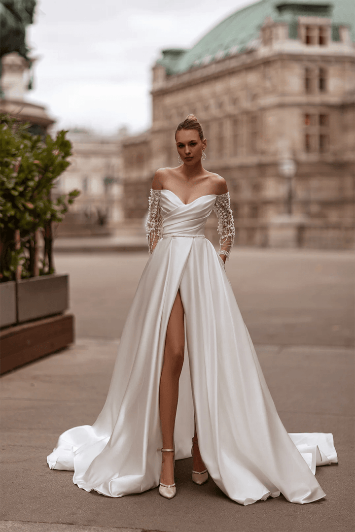 Satin Wedding Dress with Off Shoulder Long Sleeves – Sweetheart Neckline Bridal Gown with High Slit and Pearl Floret Details Plus Size - WonderlandByLilian
