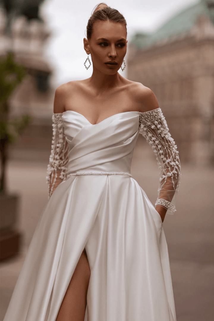 Satin Wedding Dress with Off Shoulder Long Sleeves – Sweetheart Neckline Bridal Gown with High Slit and Pearl Floret Details Plus Size - WonderlandByLilian