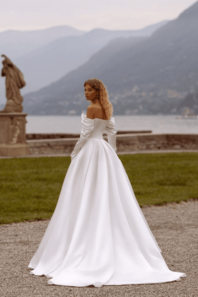 Satin Wedding Dress - Off Shoulder Wedding Dress with High Slit - Long Sleeves Wedding Gown Plus Size - WonderlandByLilian