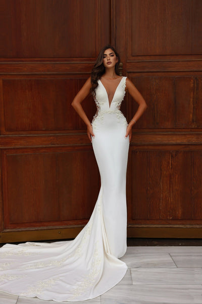 Sculpted Silhouette Wedding Dress with Deep V-Neck and Delicate Lace Accents Plus Size - WonderlandByLilian