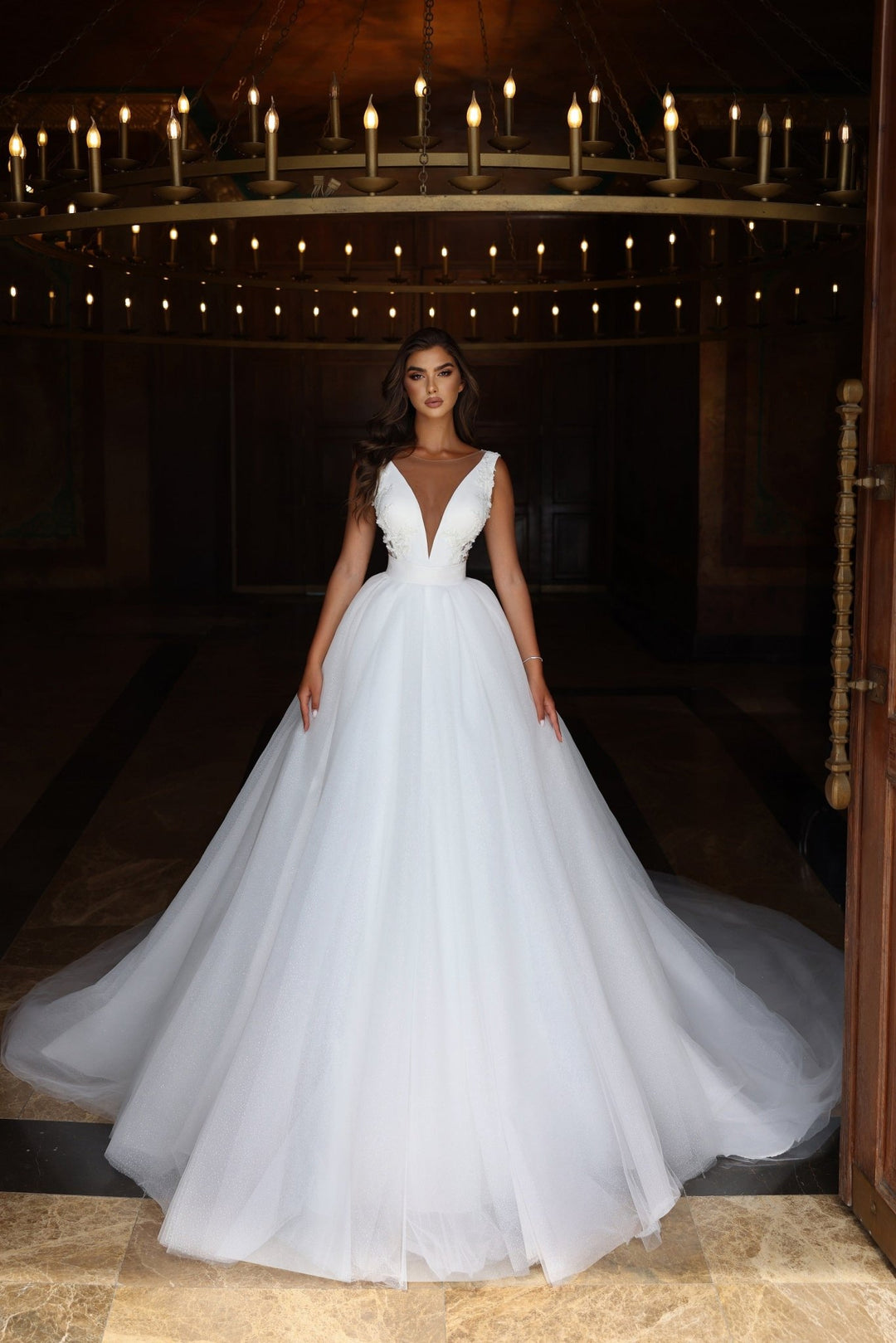 Sculpted Silhouette Wedding Dress with Deep V-Neck and Delicate Lace Accents Plus Size - WonderlandByLilian