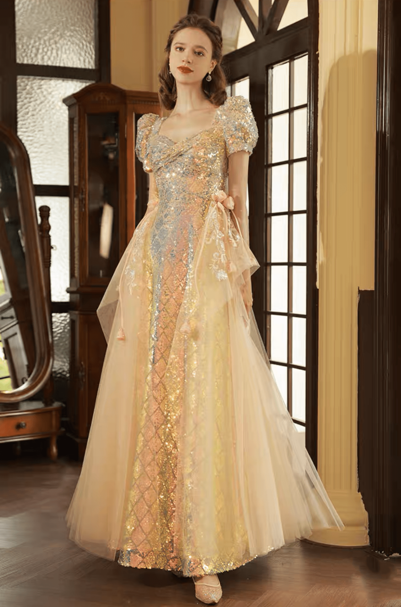 Sequin Luxurious Princess Puff Sleeve Lace Backless Wedding Dress- Plus Size - WonderlandByLilian