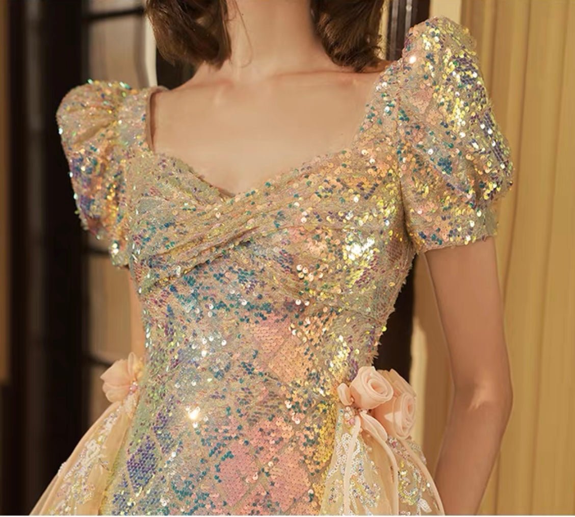 Sequin Luxurious Princess Puff Sleeve Lace Backless Wedding Dress- Plus Size - WonderlandByLilian