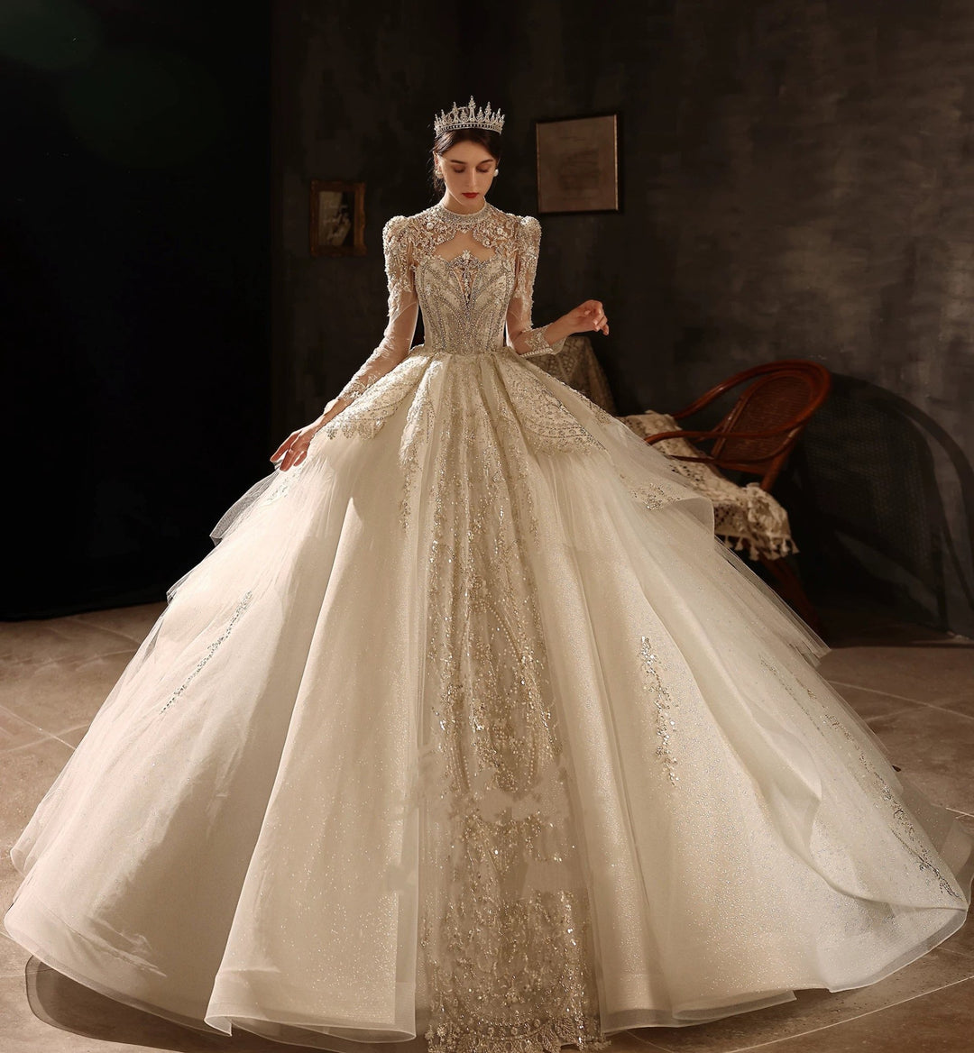 Sequin Wedding Dress - Embellished Wedding Dress with Long Sleeves – Sparkly Wedding Dress with Train and Open Back Plus Size - WonderlandByLilian