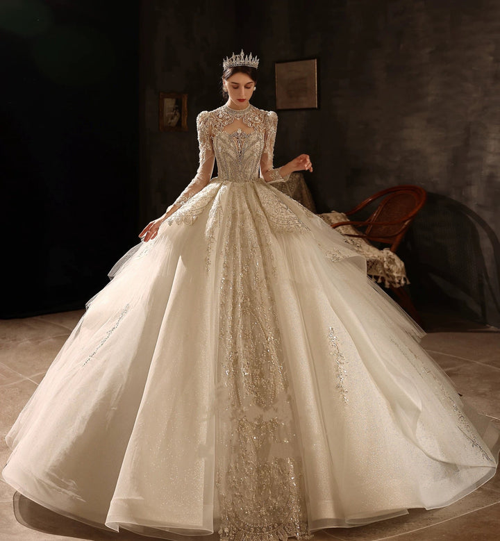 Sequin Wedding Dress - Embellished Wedding Dress with Long Sleeves – Sparkly Wedding Dress with Train and Open Back Plus Size - WonderlandByLilian