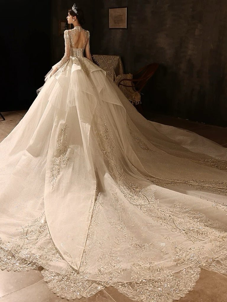 Sequin Wedding Dress - Embellished Wedding Dress with Long Sleeves – Sparkly Wedding Dress with Train and Open Back Plus Size - WonderlandByLilian