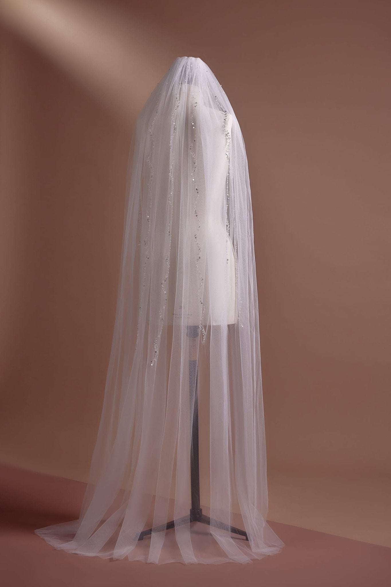 Sequined Embellished Long Tulle Wedding Veil, Available with or without Comb - WonderlandByLilian