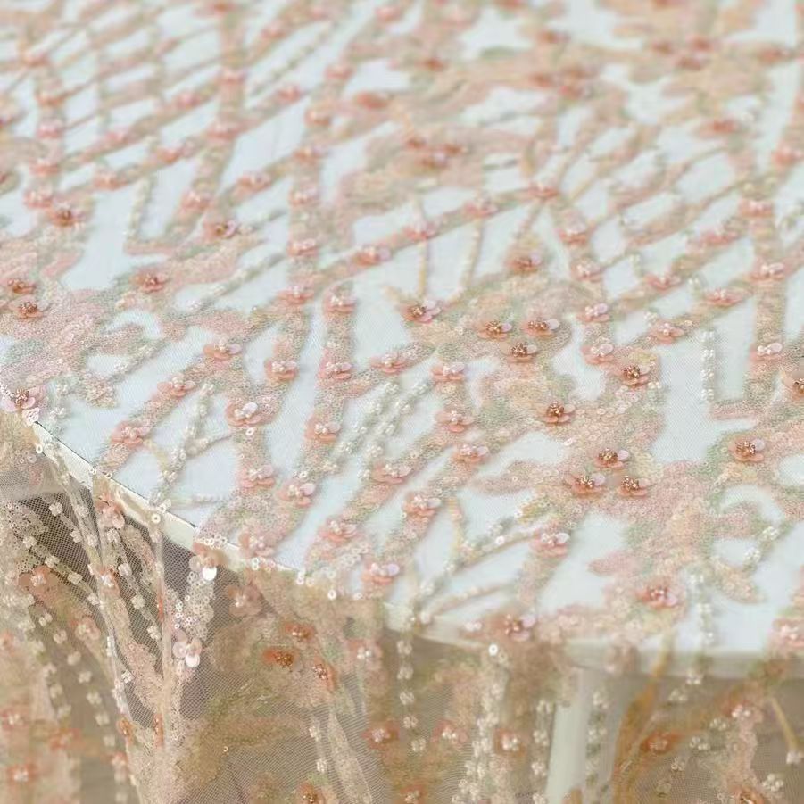 Sequined Floral Embroidered Lace Fabric in Soft Peach - WonderlandByLilian