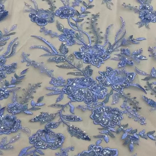 Sequined Floral Embroidered Mesh Lace Fabric in Blue - WonderlandByLilian