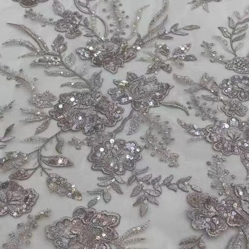 Sequin-Embroidered Mesh Lace with Geometric Grid Overlay & Scalloped Floral Border Fabric