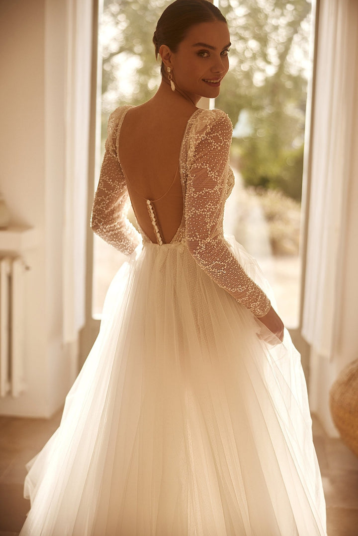 Sequined Long Sleeve Tulle Wedding Gown with Plunging Neckline Plus Size - WonderlandByLilian