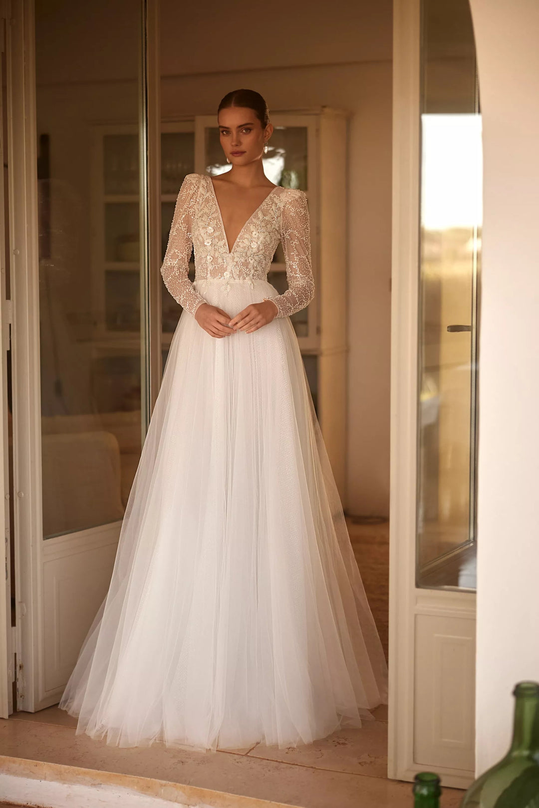 Sequined Long Sleeve Tulle Wedding Gown with Plunging Neckline Plus Size - WonderlandByLilian