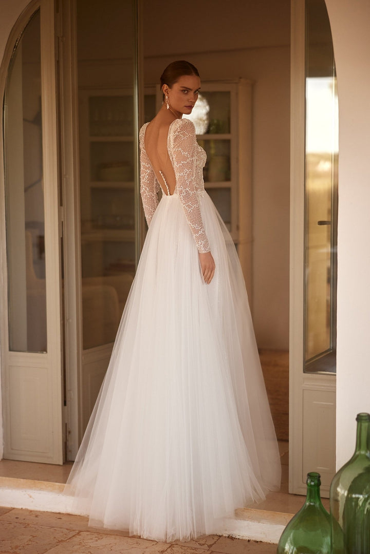 Sequined Long Sleeve Tulle Wedding Gown with Plunging Neckline Plus Size - WonderlandByLilian