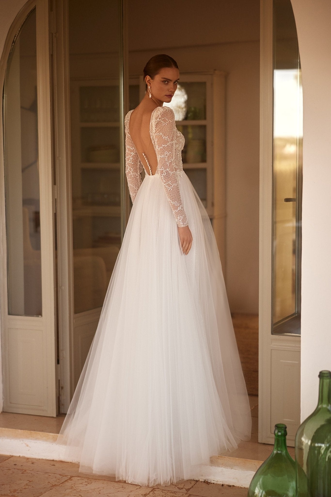 Sequined Long Sleeve Tulle Wedding Gown with Plunging Neckline Plus Size - WonderlandByLilian