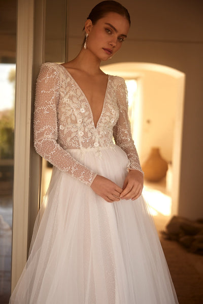 Sequined Long Sleeve Tulle Wedding Gown with Plunging Neckline Plus Size - WonderlandByLilian