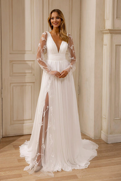 Sheer-Sleeved Deep V-Neck Wedding Dress with Floral Accents and Graceful Train - WonderlandByLilian