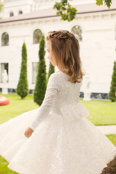 Shiny Sequin Long Sleeve Plus Size Girl’s Dress – Eva Tutu Party Gown with Puffy Skirt and Bow for Special Occasions - WonderlandByLilian