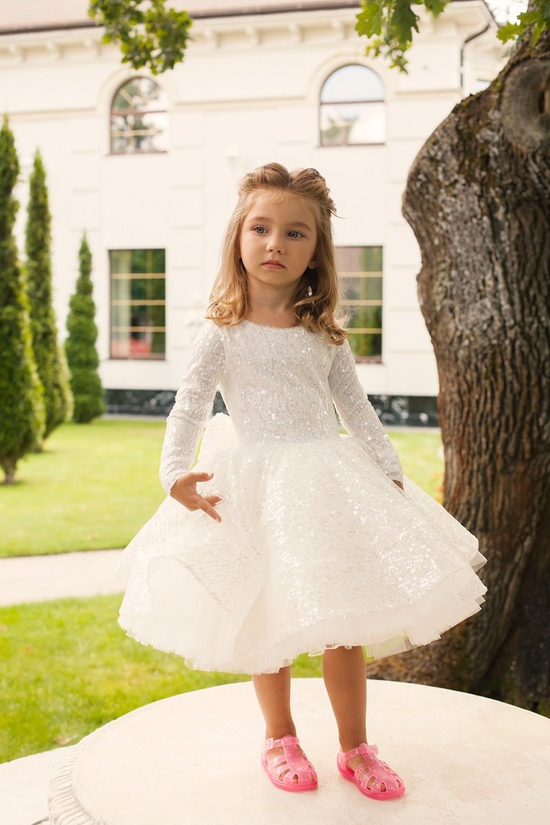 Shiny Sequin Long Sleeve Plus Size Girl’s Dress – Eva Tutu Party Gown with Puffy Skirt and Bow for Special Occasions - WonderlandByLilian