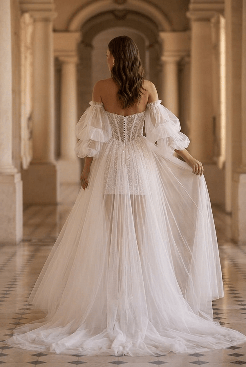 Short Bridal Wedding Dress with Convertible Puffy Tulle Train – Strapless Sequin Wedding Dress Plus Size - WonderlandByLilian