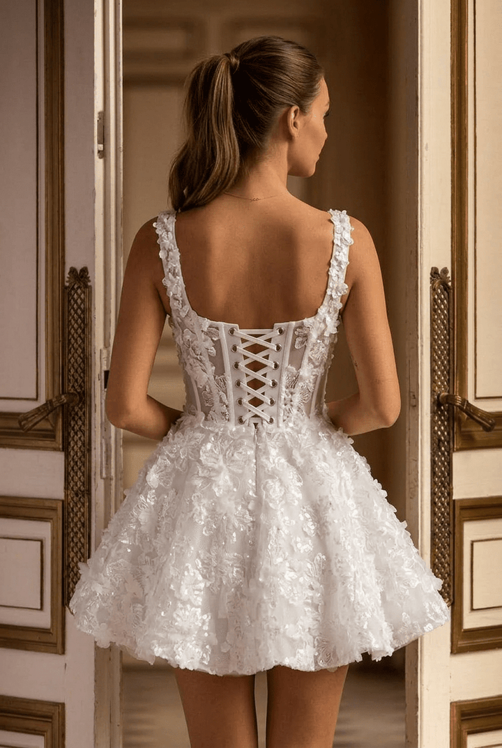 Short Floral Appliqué Wedding Dress with Corset Bodice and Straps – Bridal White Mini Dress Plus Size - WonderlandByLilian