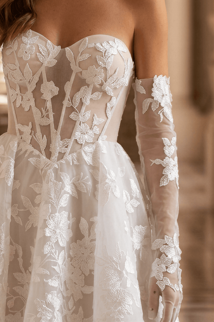 Short Floral Lace Wedding Dress with Corset Bodice and Convertible Sleeves – Strapless Wedding Dress Plus Size - WonderlandByLilian