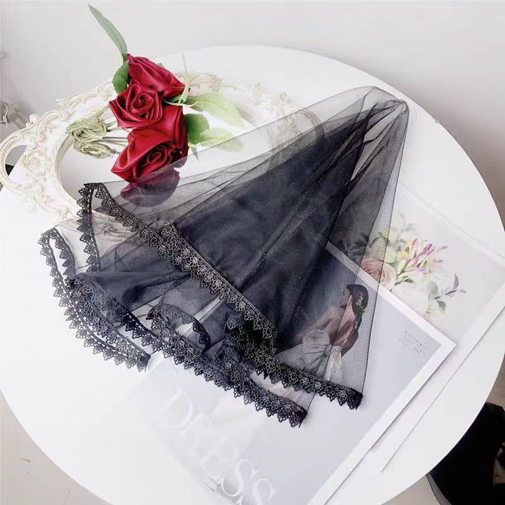 Short Gothic Black Veil with Delicate Lace Trim - WonderlandByLilian