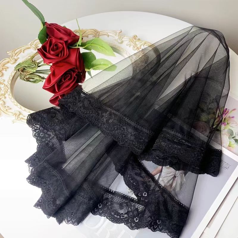 Short Gothic Black Veil with Delicate Lace Trim - WonderlandByLilian