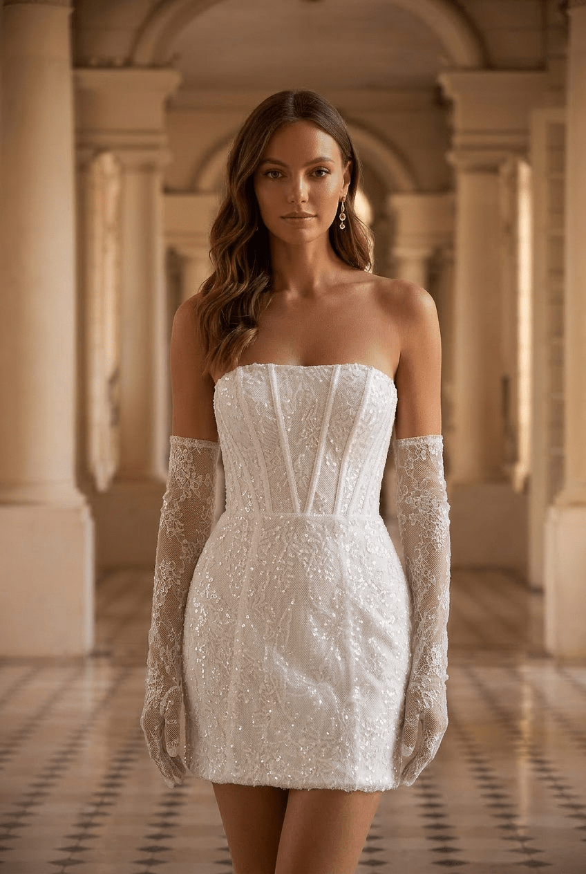 Short Lace Wedding Dress with Corset Bodice and Convertible Long Sleeves – Short Strapless Wedding Dress Plus Size - WonderlandByLilian