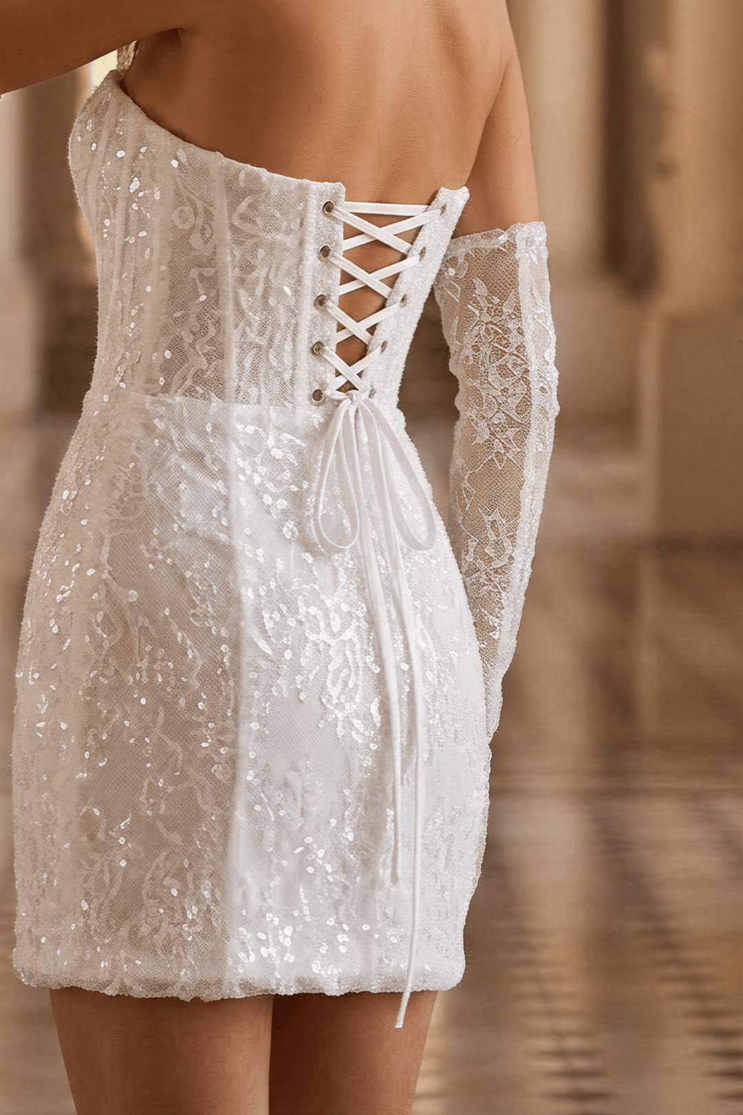 Short Lace Wedding Dress with Corset Bodice and Convertible Long Sleeves – Short Strapless Wedding Dress Plus Size Size 2 / Dress
