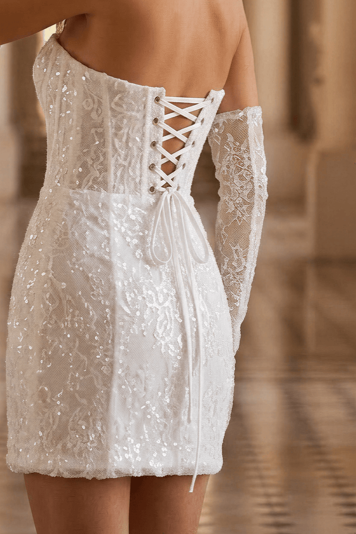 Short Lace Wedding Dress with Corset Bodice and Convertible Long Sleeves – Short Strapless Wedding Dress Plus Size - WonderlandByLilian