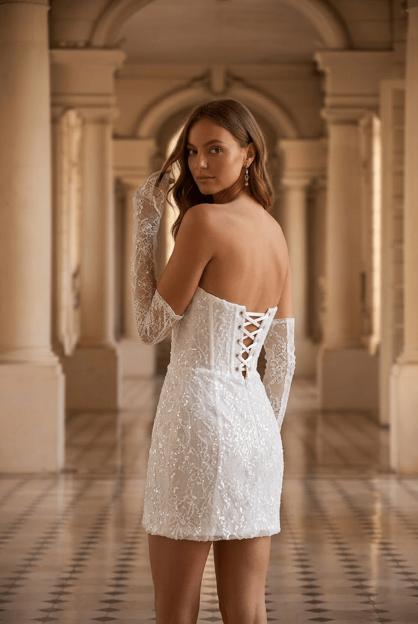 Short Lace Wedding Dress with Corset Bodice and Convertible Long Sleeves – Short Strapless Wedding Dress Plus Size Size 2 / Dress