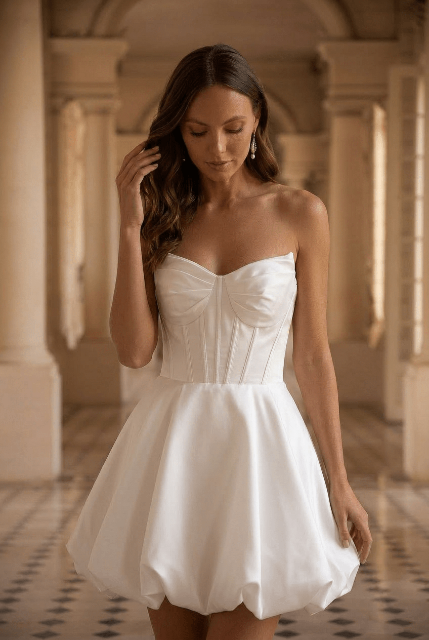 Short Wedding Party Dress with Corset Bodice and Bubble Hem – Strapless Wedding Dress - Satin Wedding Dress Plus Size - WonderlandByLilian