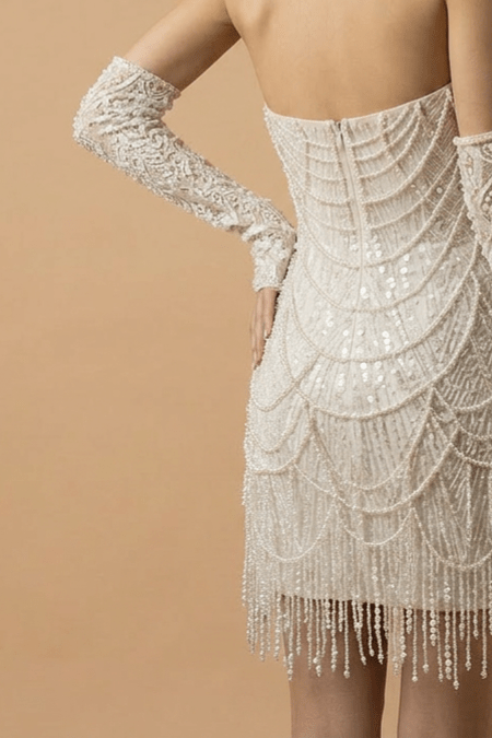 Short White Wedding Dress with Strapless Beaded Fringe – Short Bridal Wedding Dress - Short Beaded Wedding Dress Plus Size - WonderlandByLilian