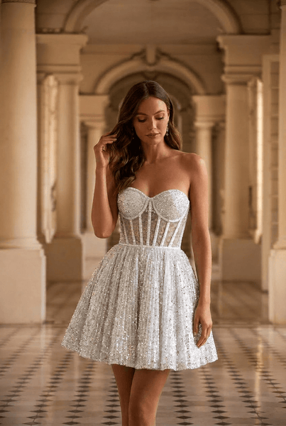 Short White Wedding Dress with Strapless Sparkling Corset – Short Bridal Wedding Dress and Short Wedding Party Dress Plus Size Size 16W