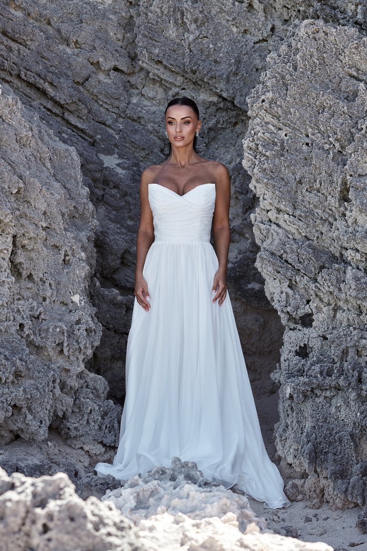 Signature Chiffon Silk Bridal Gown | Romantic Fitted Bodice | A-Line Skirt with High Split - ElSIE - WonderlandByLilian