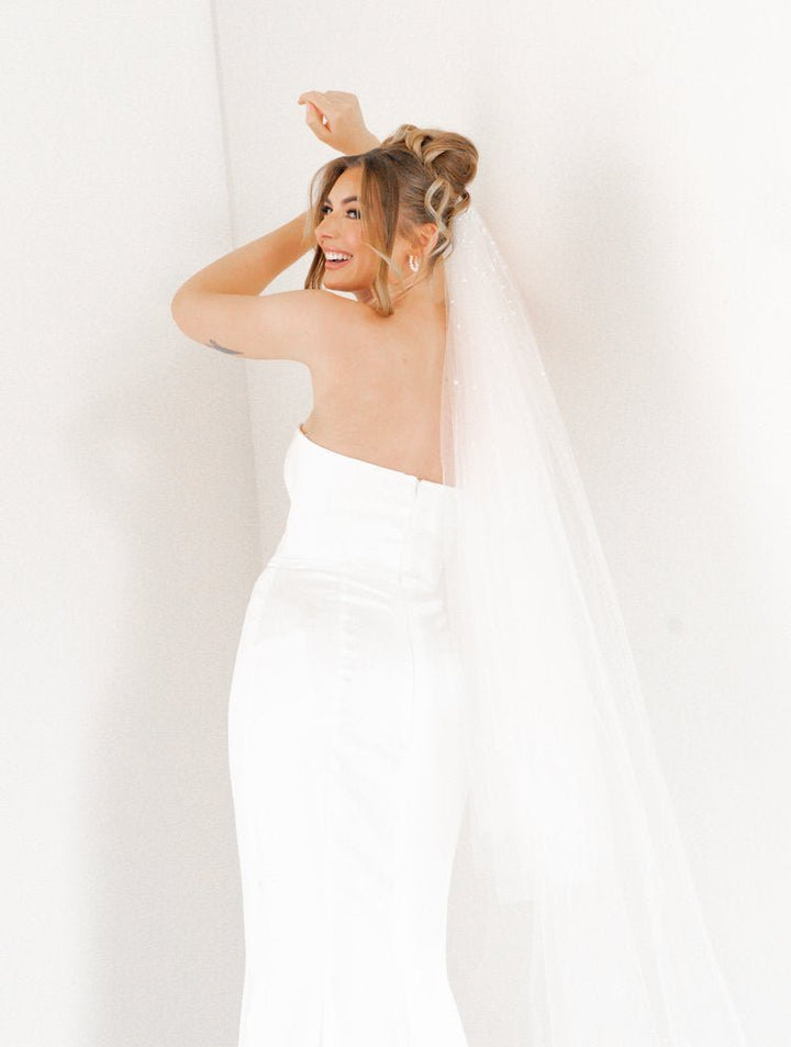 Silky Satin Strapless Bridal Gown with Sheer V-Panel Plus Size - ESTELLE - WonderlandByLilian