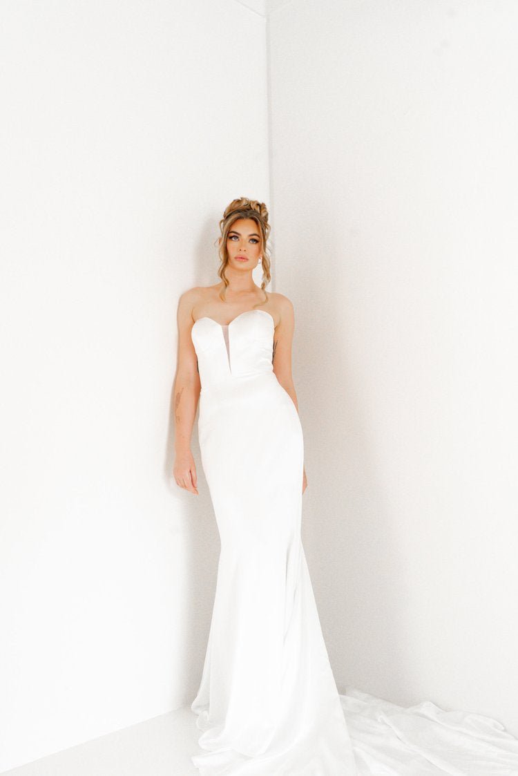 Silky Satin Strapless Bridal Gown with Sheer V-Panel Plus Size - ESTELLE - WonderlandByLilian