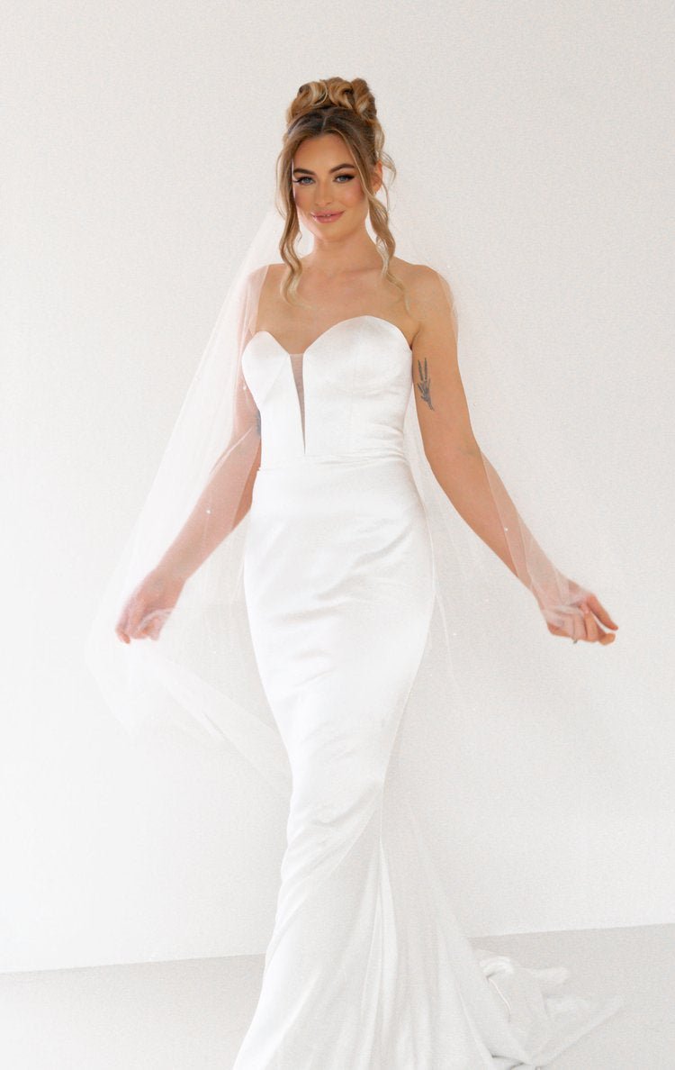 Silky Satin Strapless Bridal Gown with Sheer V-Panel Plus Size - ESTELLE - WonderlandByLilian