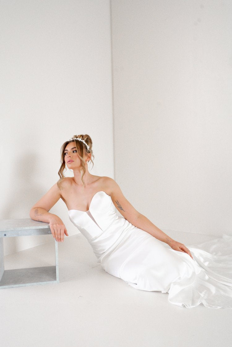 Silky Satin Strapless Bridal Gown with Sheer V-Panel Plus Size - ESTELLE - WonderlandByLilian