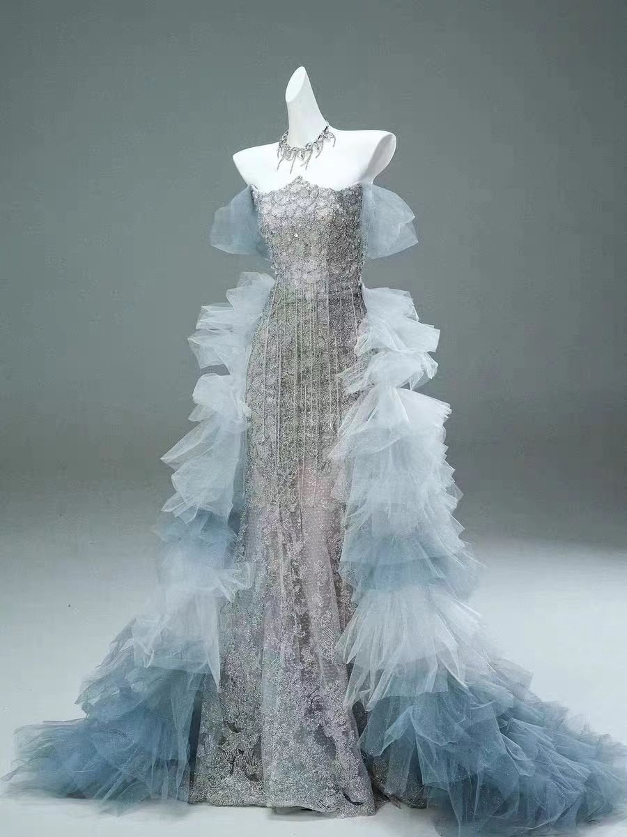 Silver and Blue Whimsical Fairy Inspired Tulle Ruffle Evening Gown - Plus Size Size 16W / Silver Silver and Blue Whimsical Fairy Inspired Tulle Ruffle Evening Gown - Plus Size Size 16W / Silver